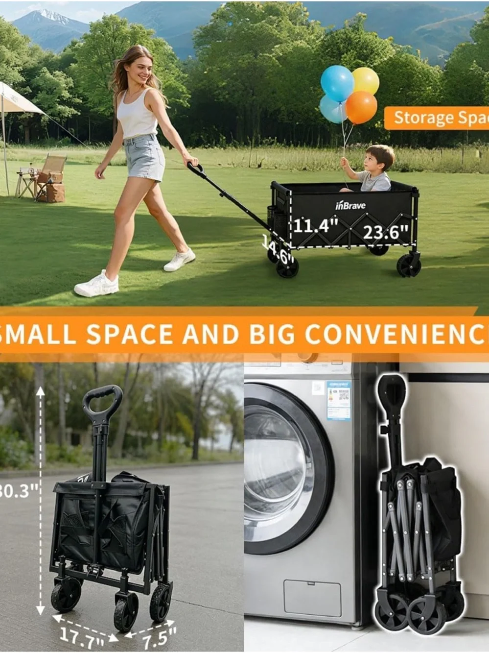 Foldable Utility Wagon Cart in Black Holds 380 Pounds